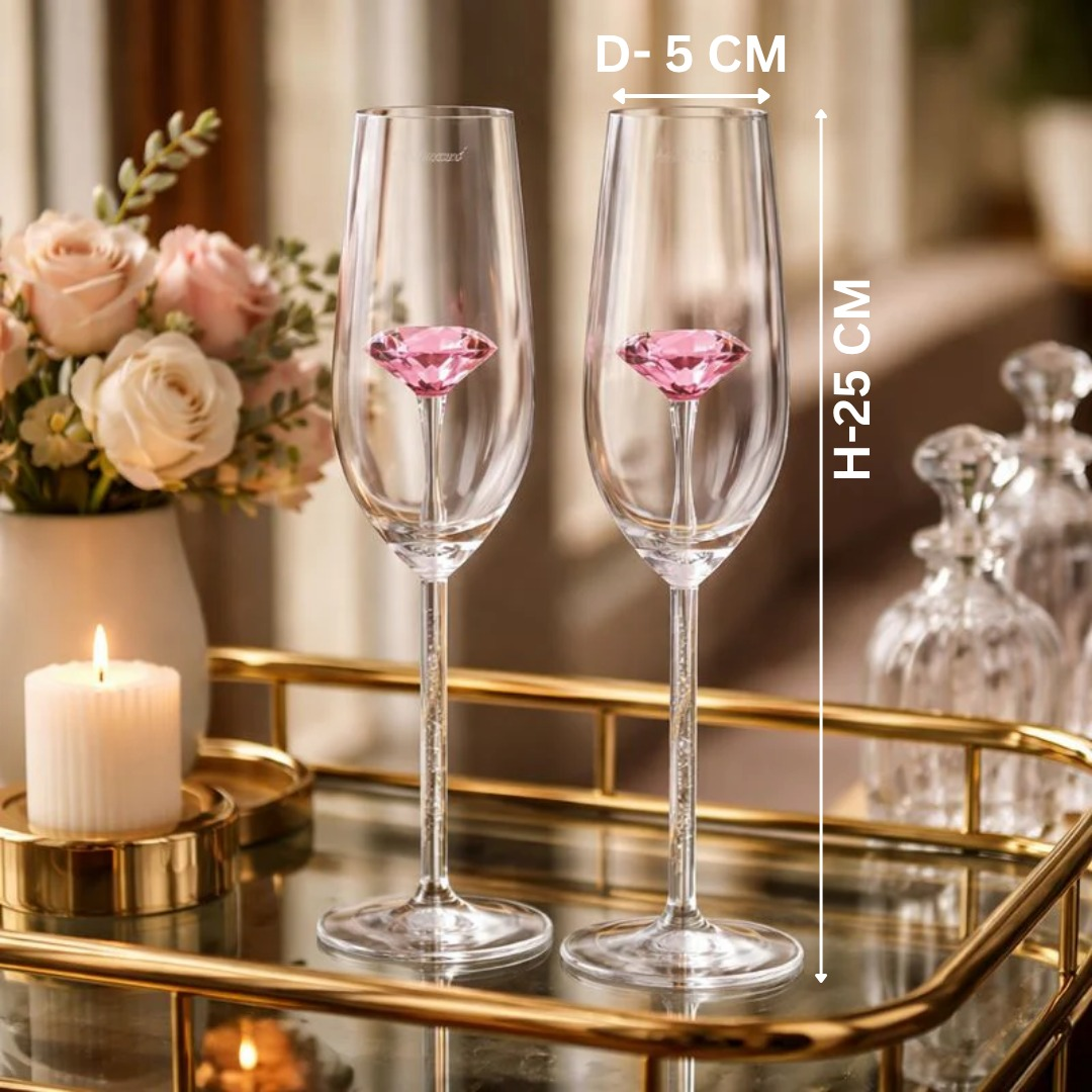 Champagne Glasses with Diamond Stem & Pink Crystal – Set of 2