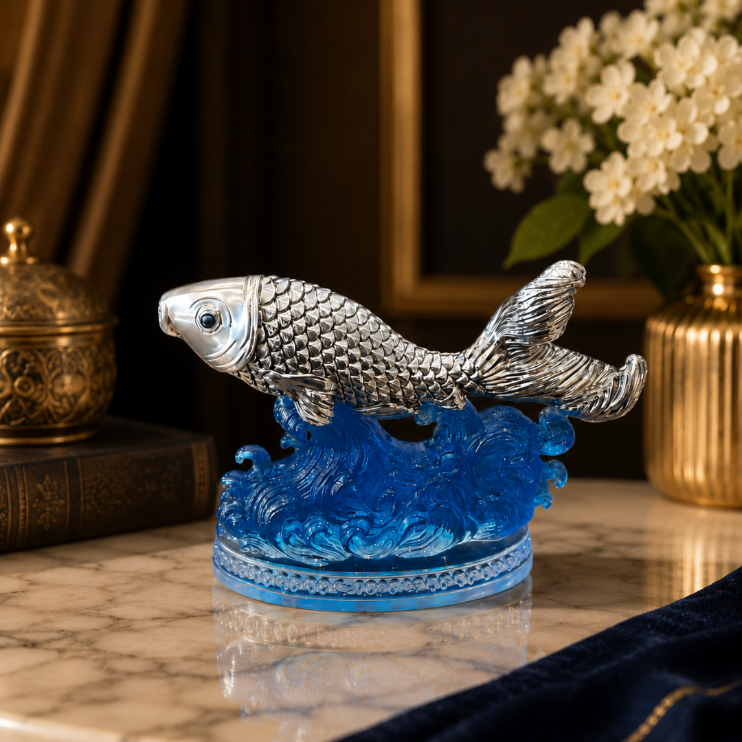 Silver-Plated Fish Figurine on Blue Ocean Waves