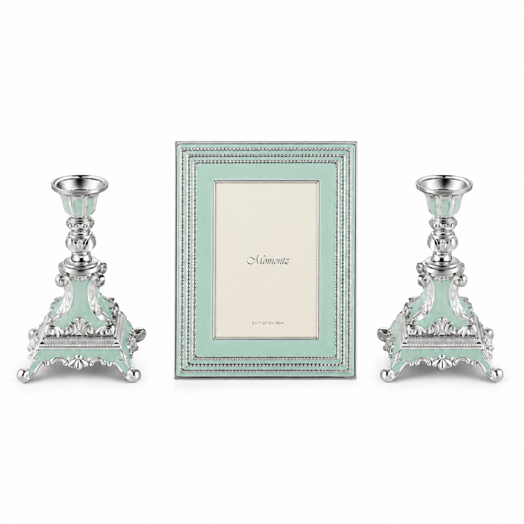 Silver-Plated Luxury Photo Frame & set of 2 Enamel Baroque Candle Stand