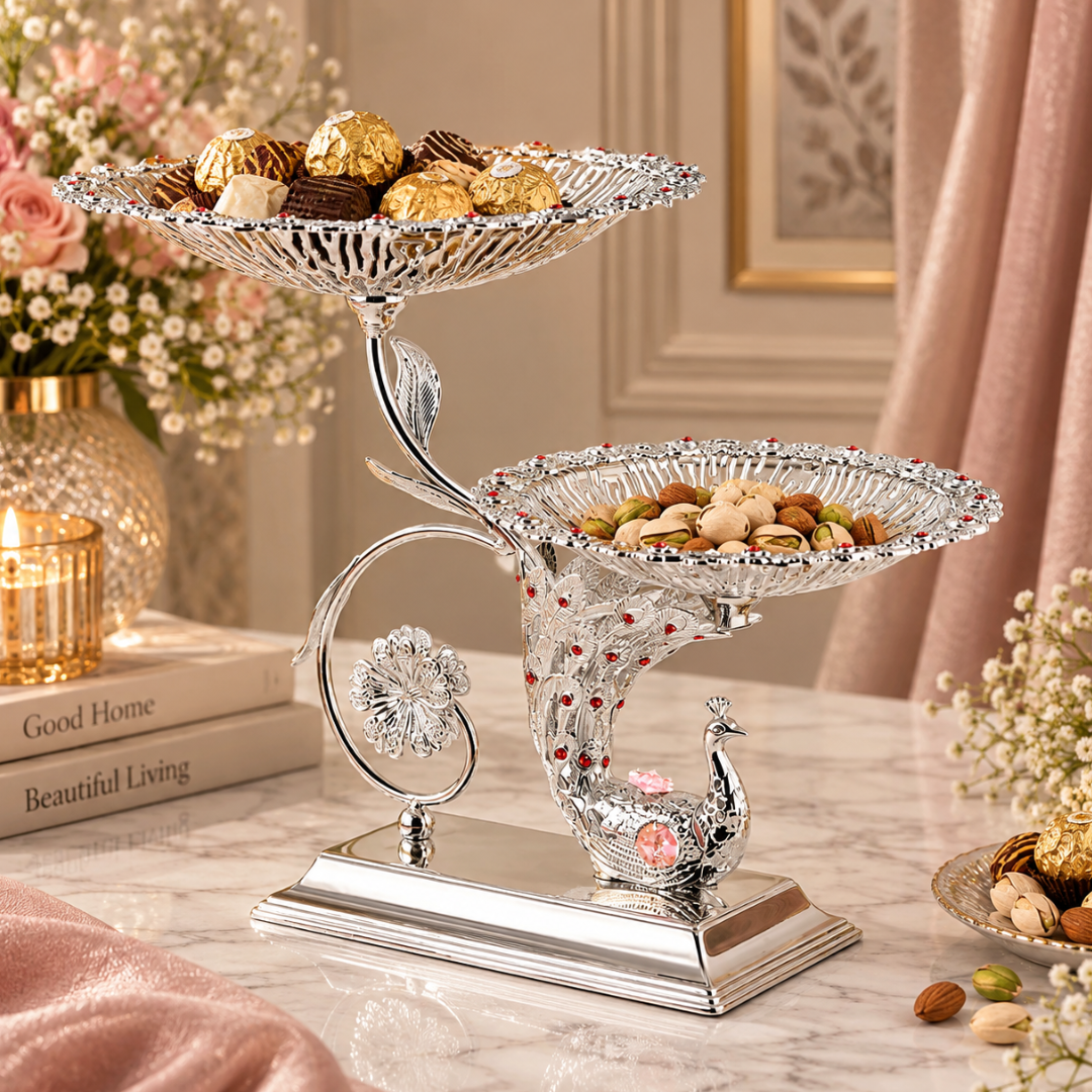 Peacock Twin Server with stand Silver