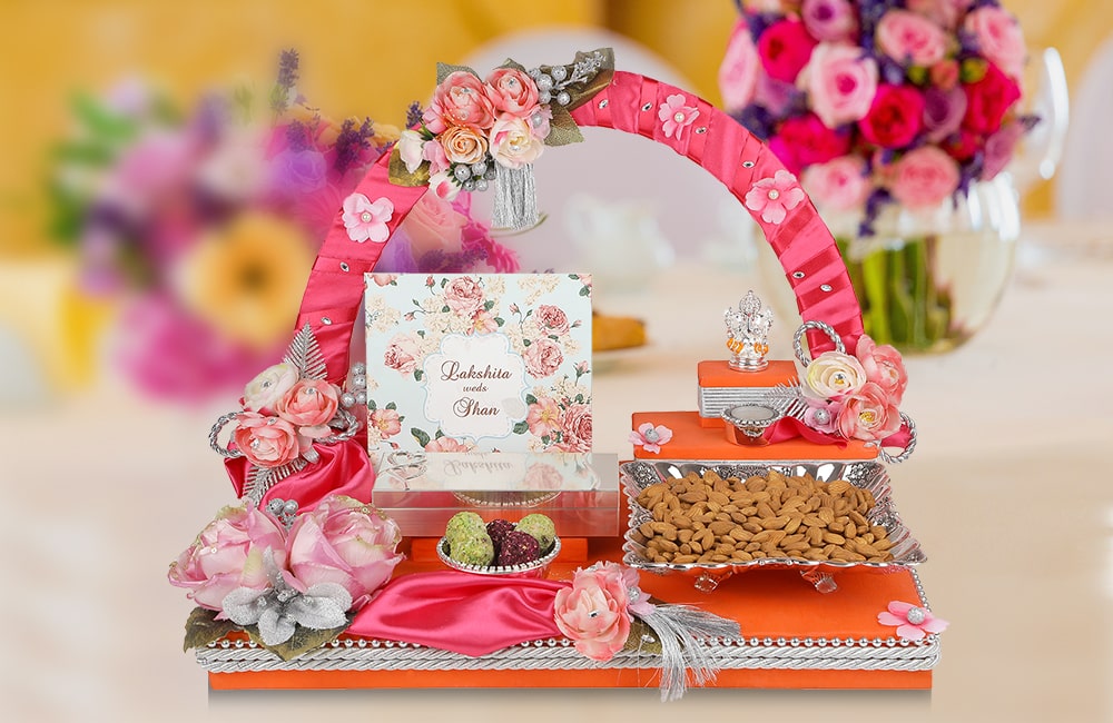 Designer Engagement Invitation Box with Floral Arch and Dry Fruits