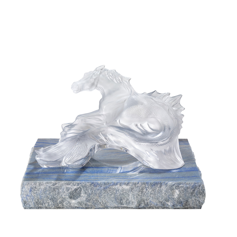 POSEIDON'S HORSE SCULPTURE - CLEAR CRYSTAL - MARBLE STAND