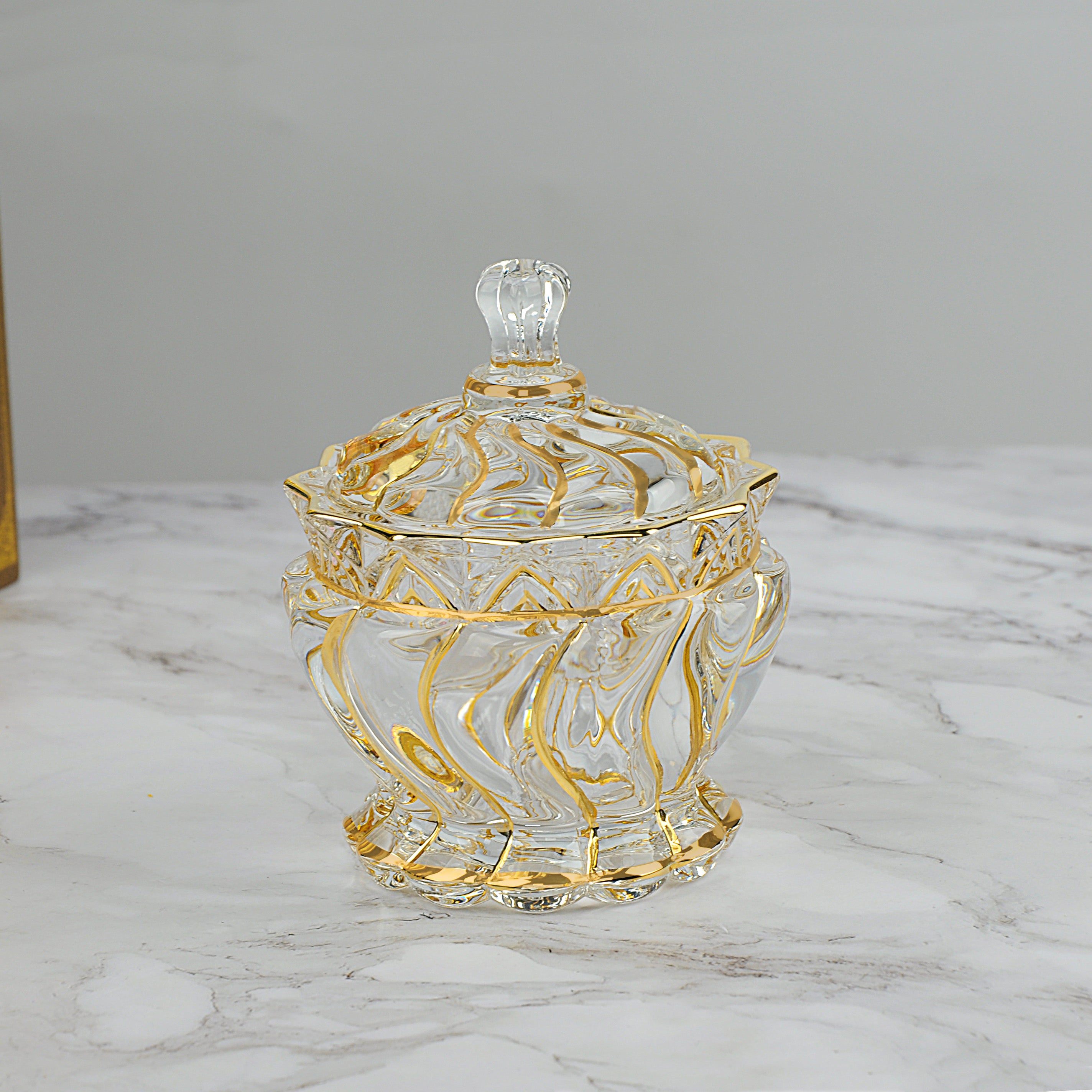 Set of 2 Swirl design candy bowl with lid golden lining