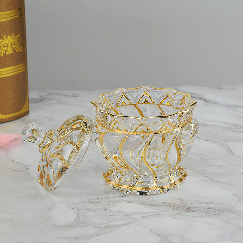 Swirl design candy bowl with lid golden lining