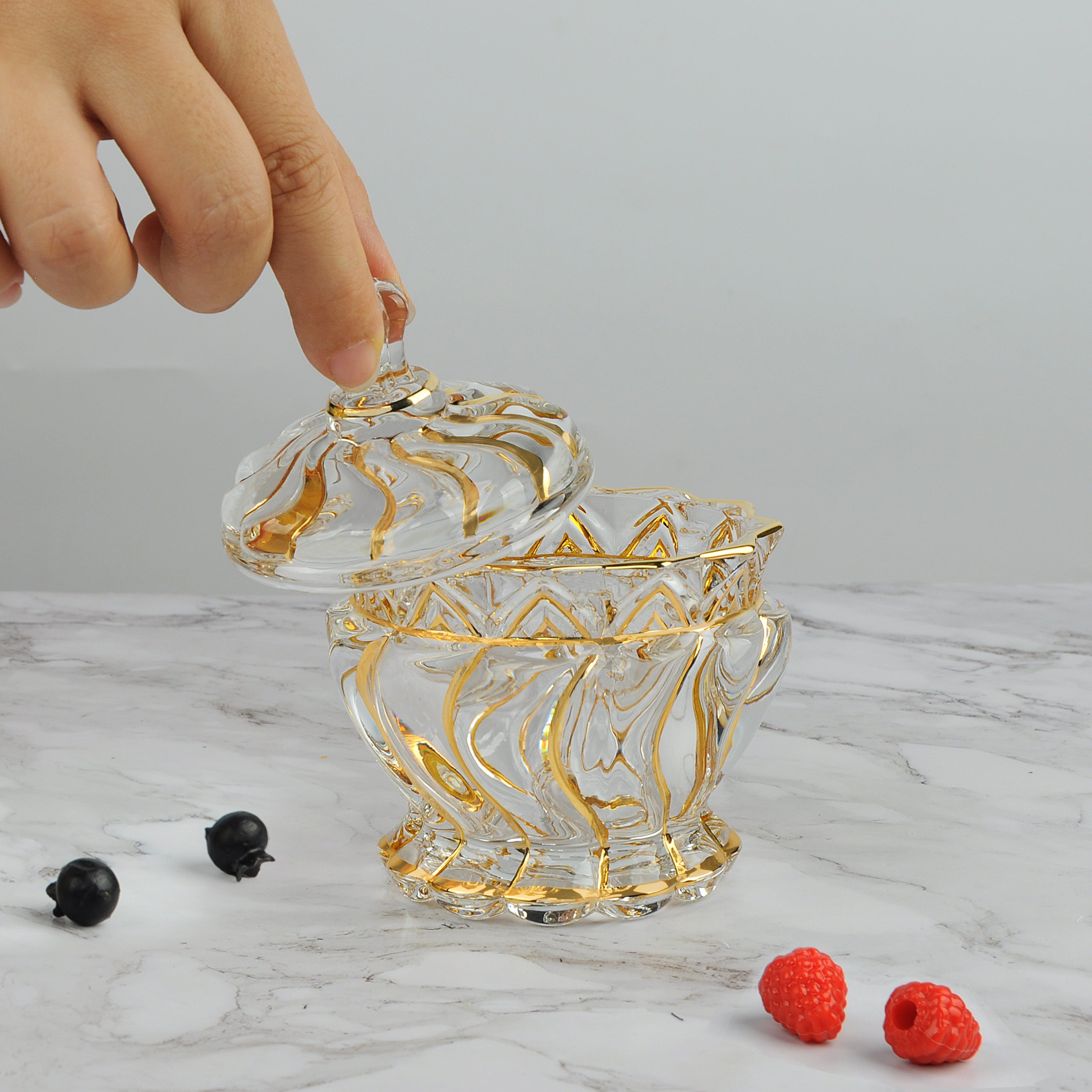 Swirl design candy bowl with lid golden lining