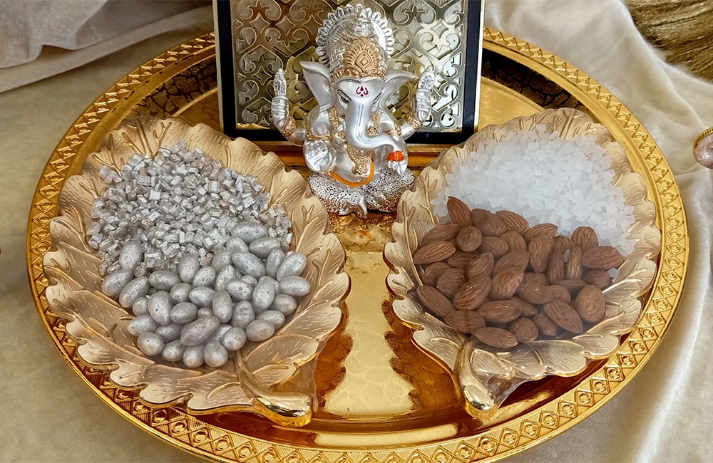 Golden Wedding Dry Fruit Tray with Ganesh Idol and Leaf Bowls