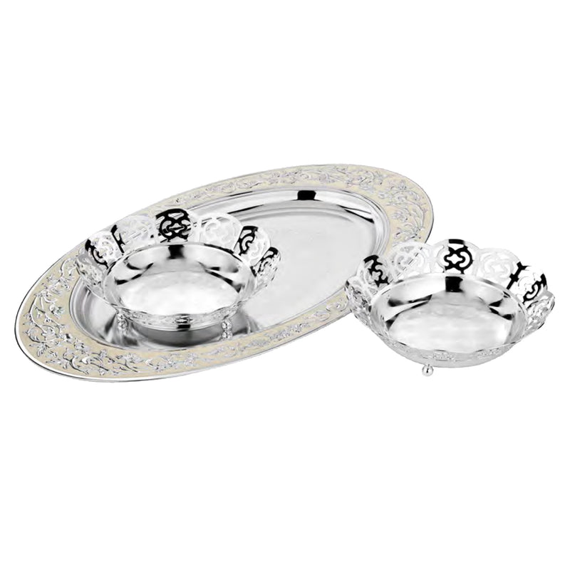 Oval MOP Tray XL + Set Of 2 Cutwork Bowls - White