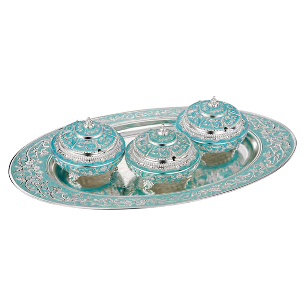 Set Of 3 Sugar Pot With Oval MOP Tray XL - Sky Blue