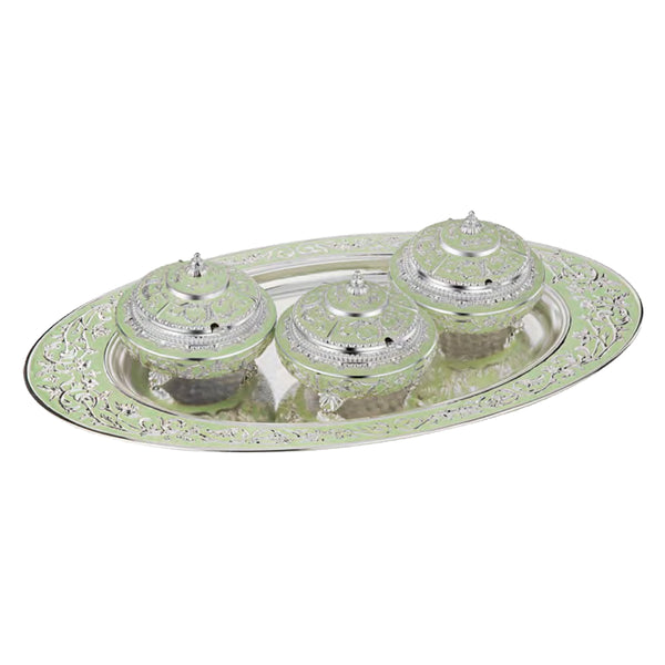 Set Of 3 Sugar Pot With Oval MOP Tray XL - Sea Green