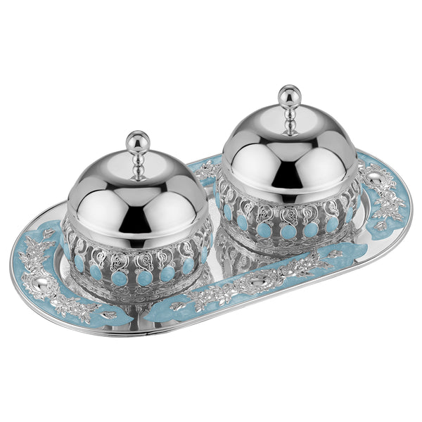 Flower Oval Designer Tray with pair of enamel candy jar with lid  Sky Blue