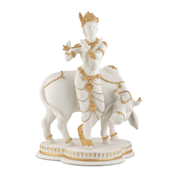 White & Gold Krishna with Cow H 44cm