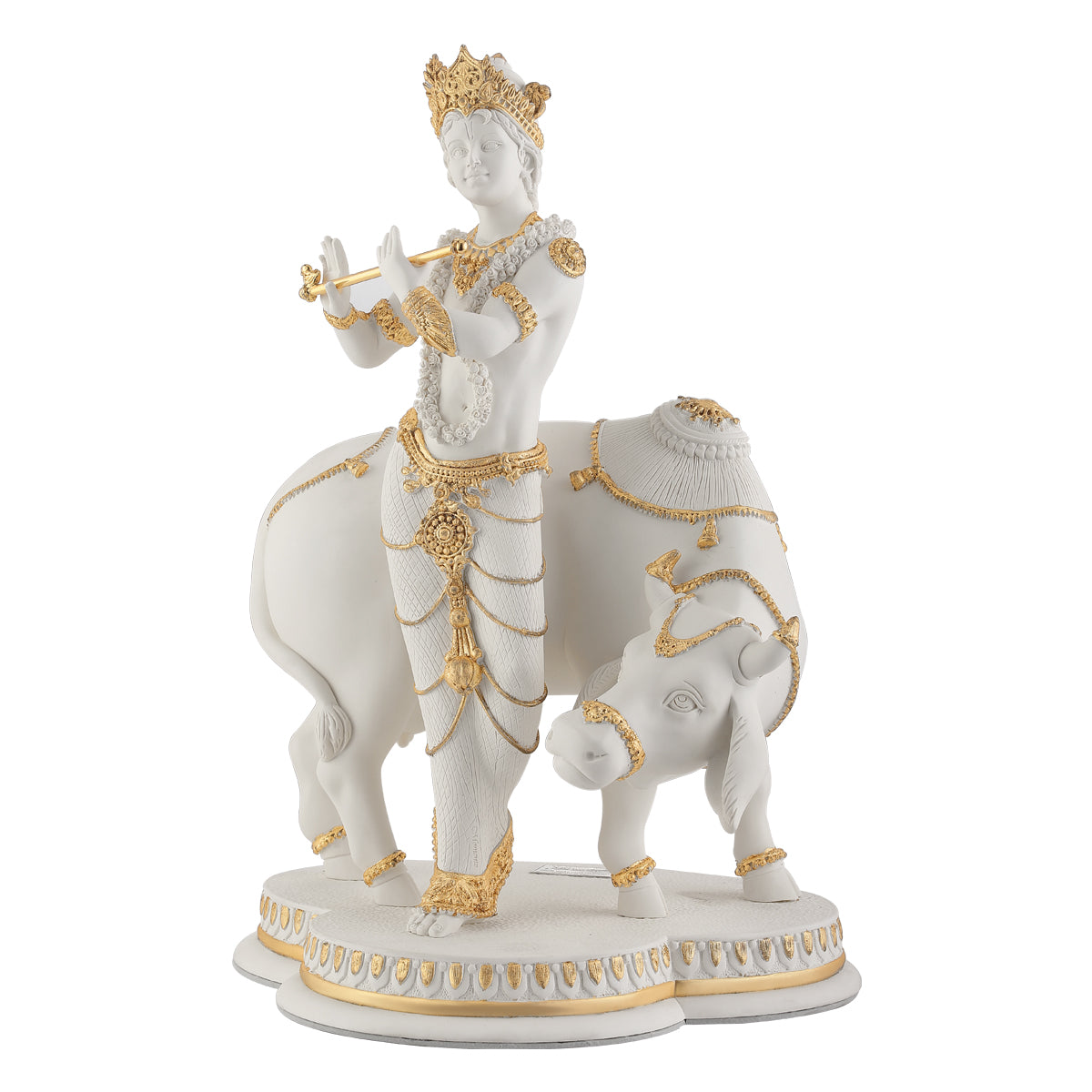 White & Gold Krishna with Cow H 44cm