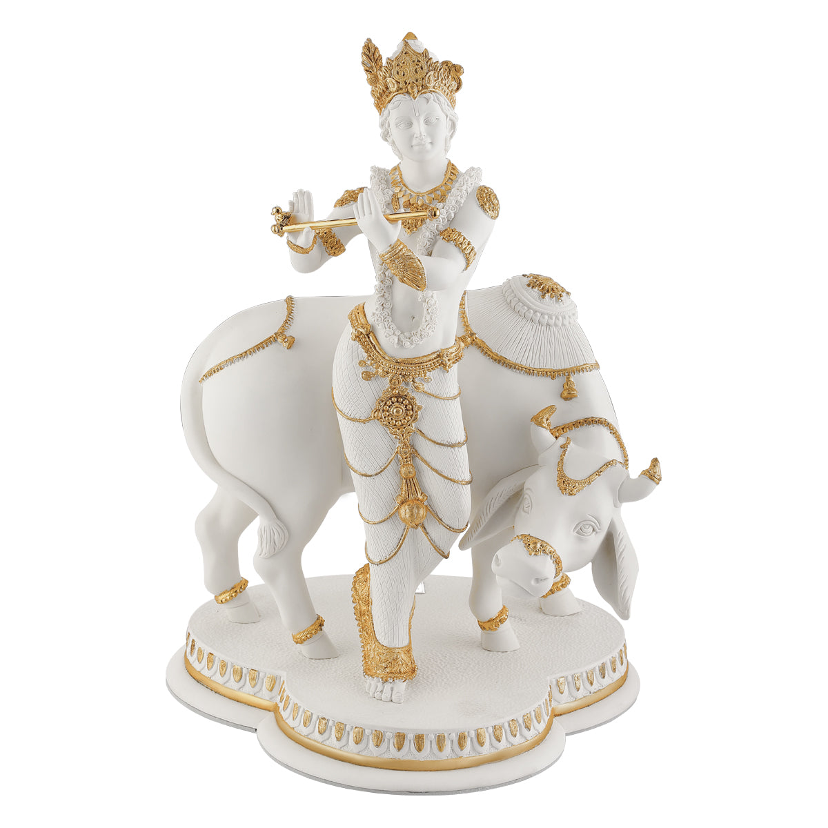 White & Gold Krishna with Cow H 44cm