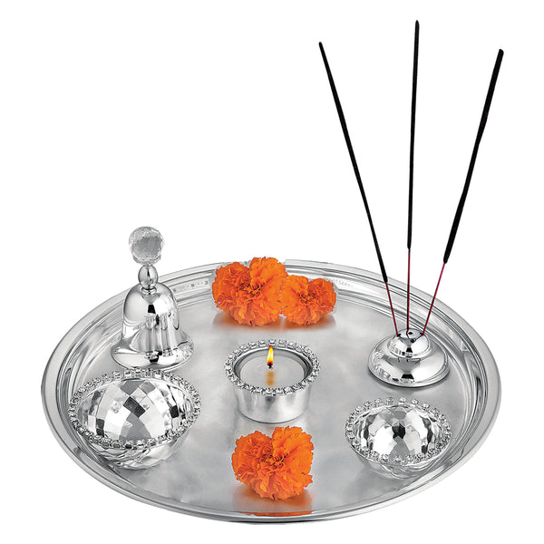 Puja Thali (Tea Light + 2 Bowl + Agarbati Stand + Bell)- Silver
