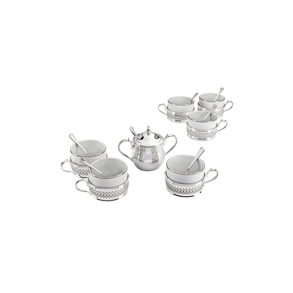 Set of 6 Cups + 6 Spoons + Sugar Pot (Design) Silver