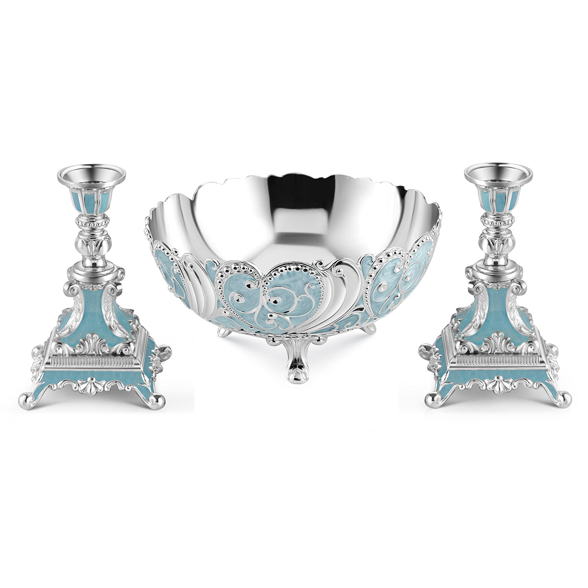Big Enamel Bowl + Set Of 2 Candle Stand - Sky Blue