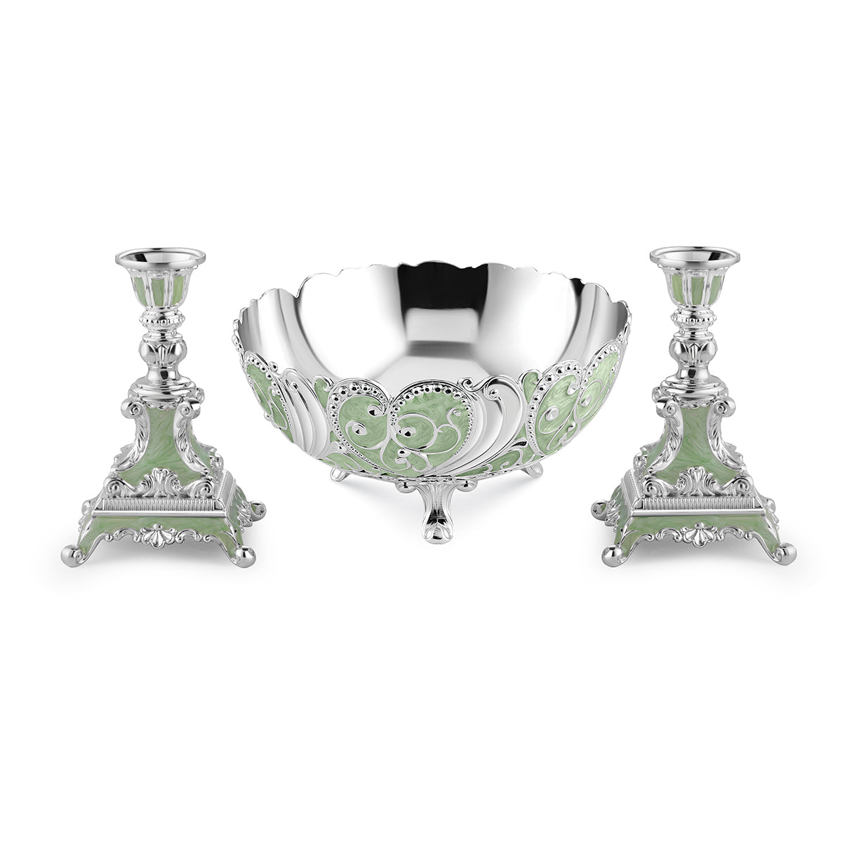Big Enamel Bowl + Set Of 2 Candle Stand - Sea green