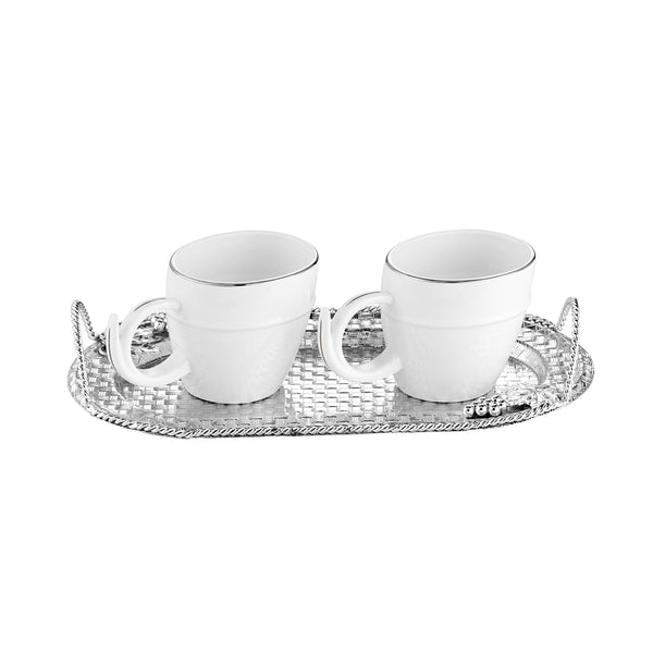 Oval tray with handle + Set of 2 white cups- Silver