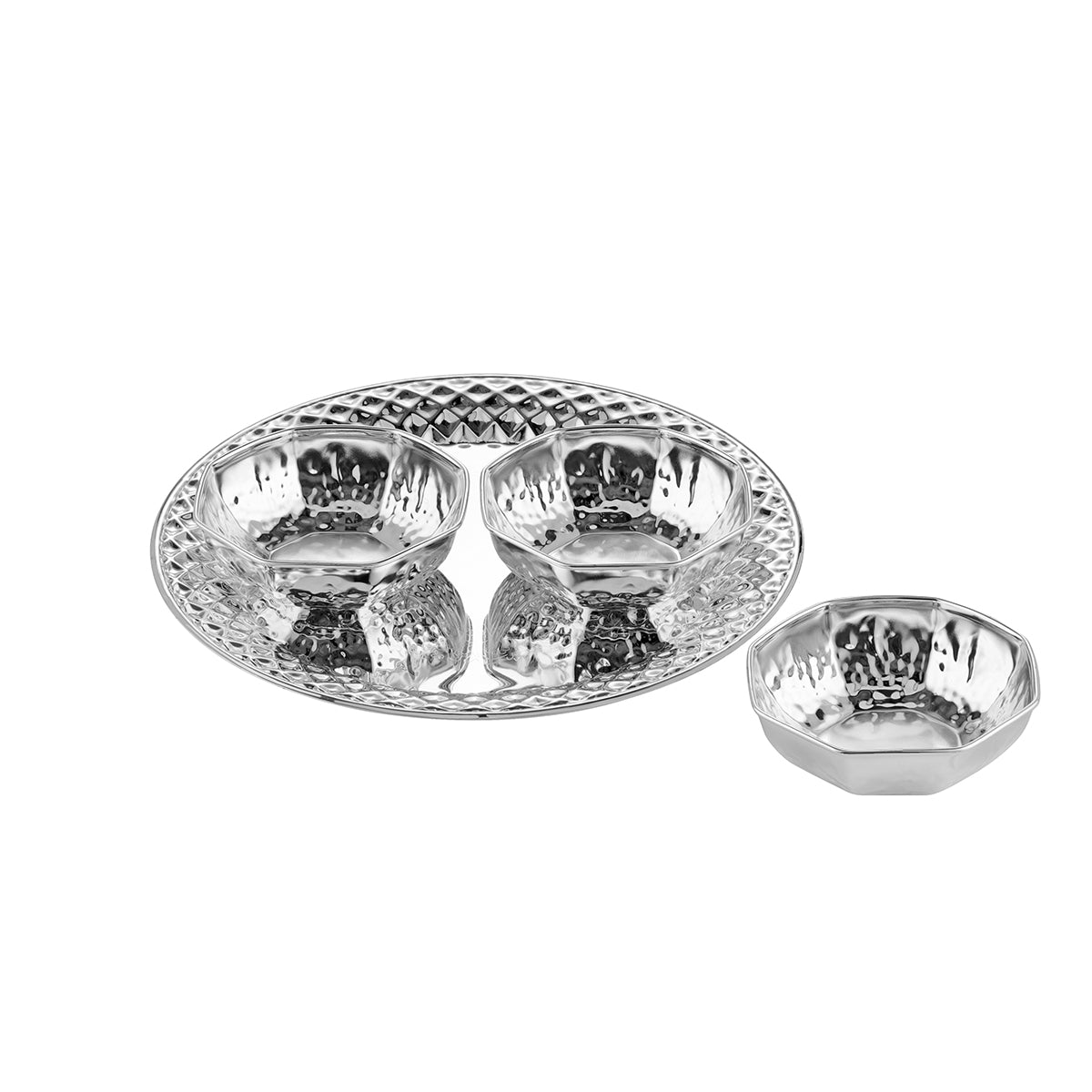 Round Tray With 3 Hammered Katoris - Silver