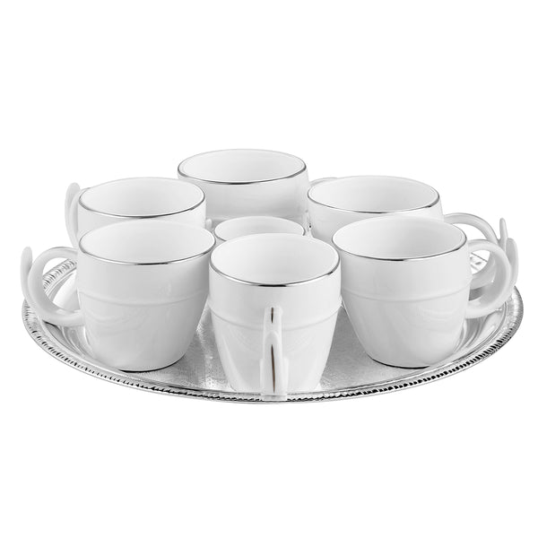 Round Tray With 6 White Cups & Creamer - Silver