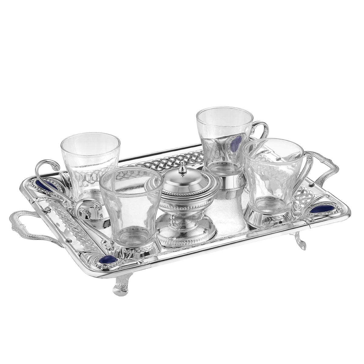 Rectangle tray with 4 mugs & sugar pot Silver