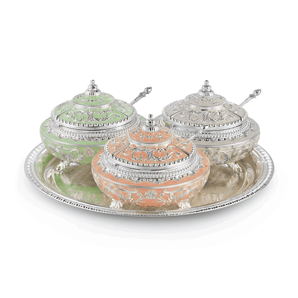 Set of 3 Sugar Pot With Silver Round Tray