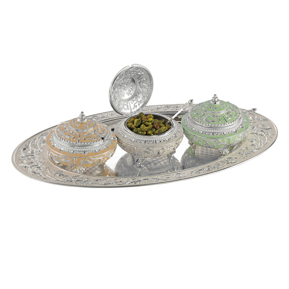 Set of 3 Sugar Pot With Oval Tray- MOP Large