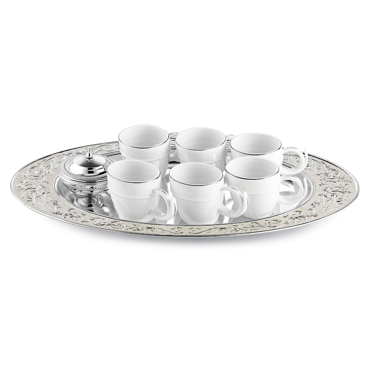 Oval MOP Tray XL + 6 White Cups + Sugar Bowl MOP