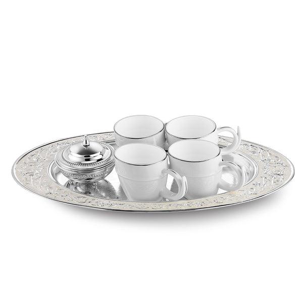 Oval MOP tray L + 4 white cups + sugar bowl MOP