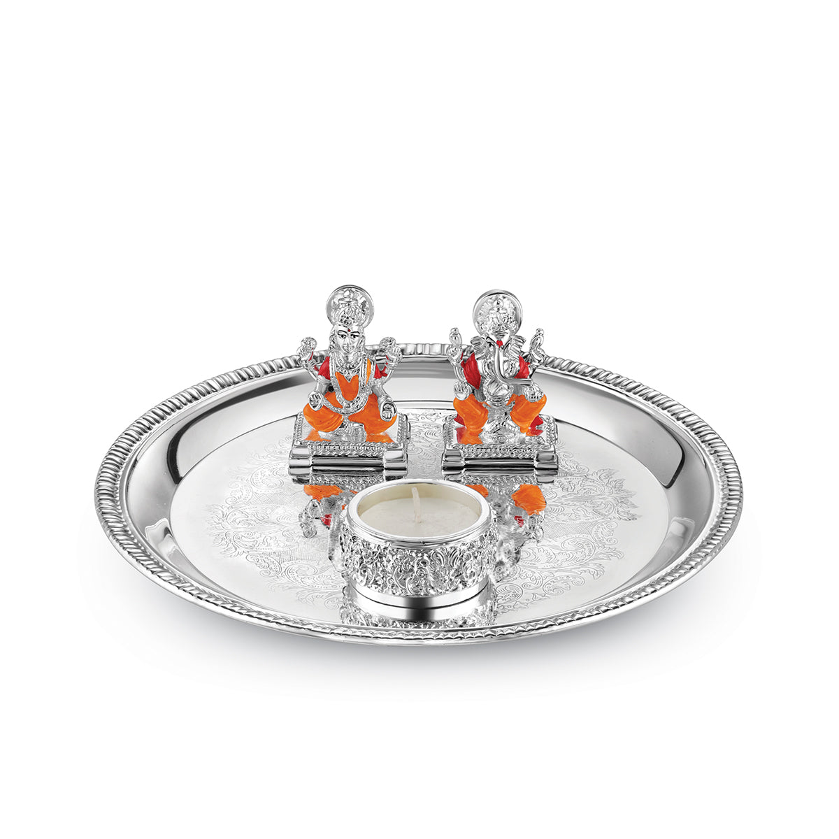 Puja Thali WIth Small Lakshmi Ganesh ji & Tea Light- Colored
