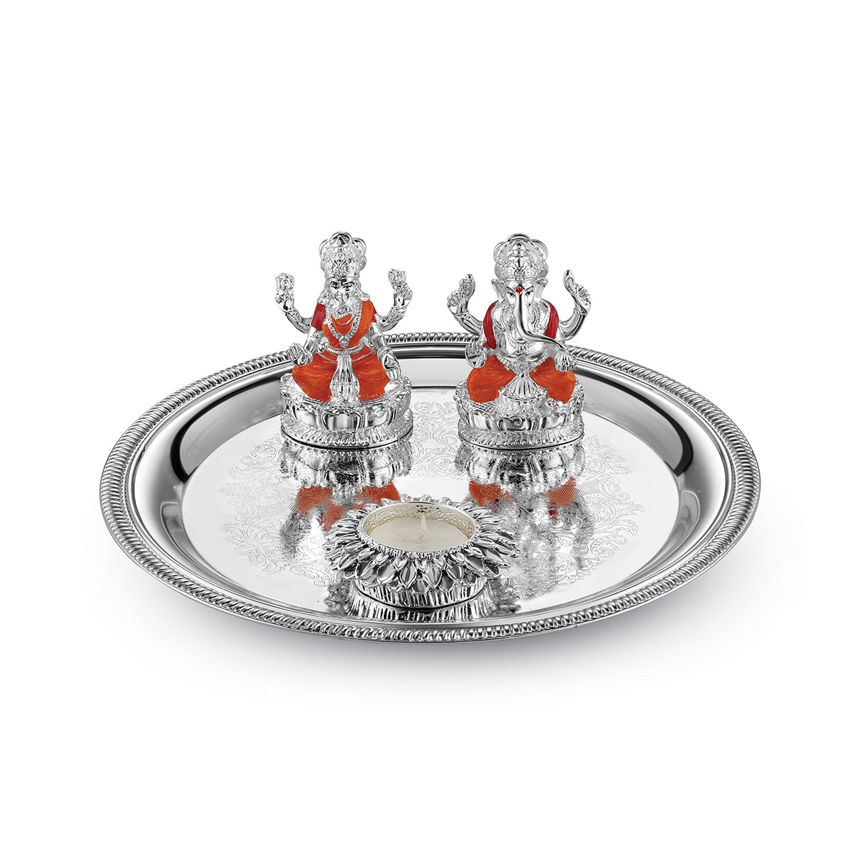 Puja thali with lotus lakshmi ganesh ji & tea light- Colored