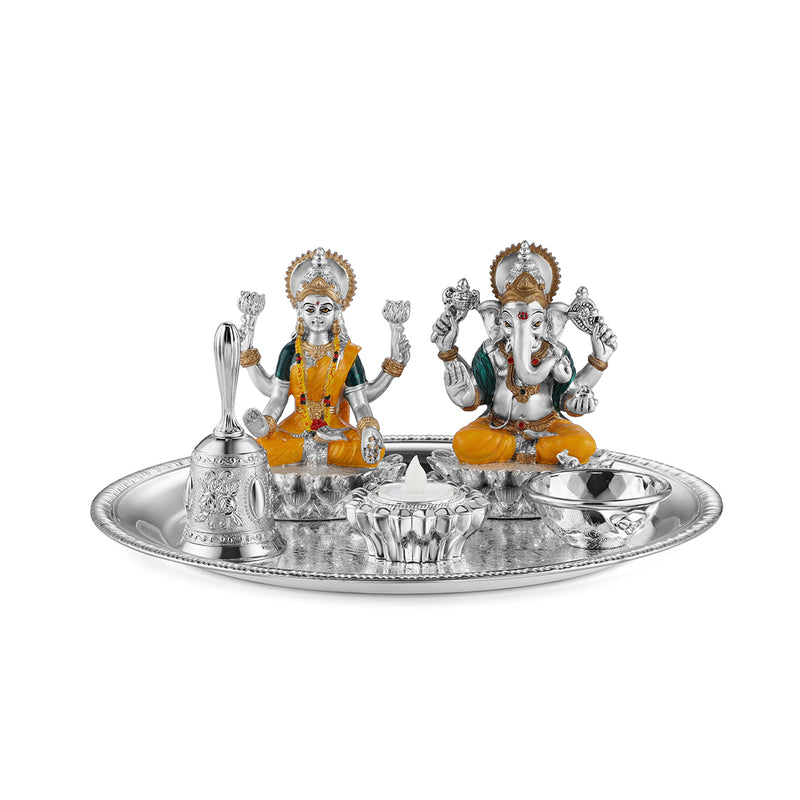 Puja thali with lotus lakshmi ganesh ji bell katori & tea light- Colored