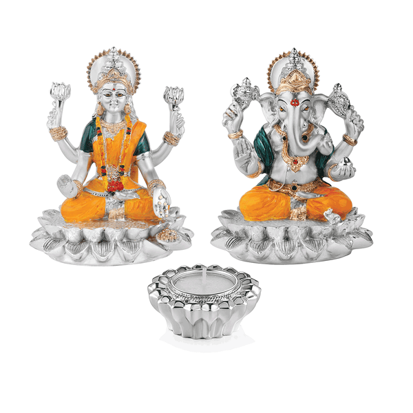 Laxmi Ganesha on lotus + flower tealight- Silver