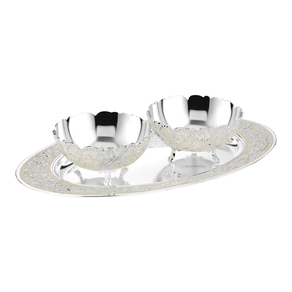 Oval MOP Tray Medium With Set Of 2 Pastel Bowls  - White