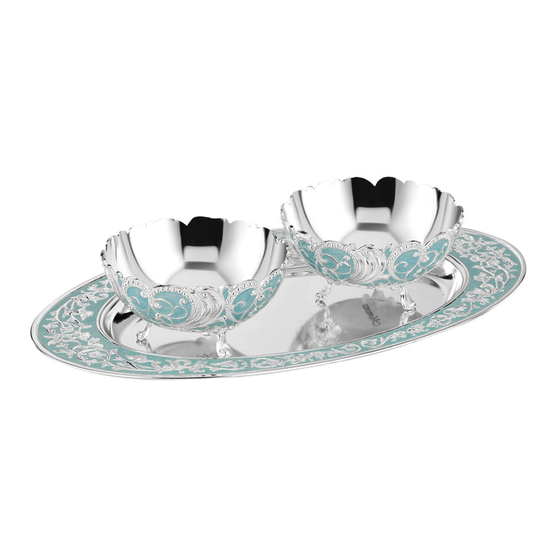 Oval MOP Tray Medium With Set Of 2 Pastel Bowls  - Sky Blue