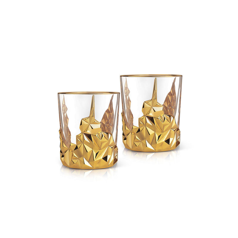 Diamond Cut Set of 2  Whisky Glasses- Gold