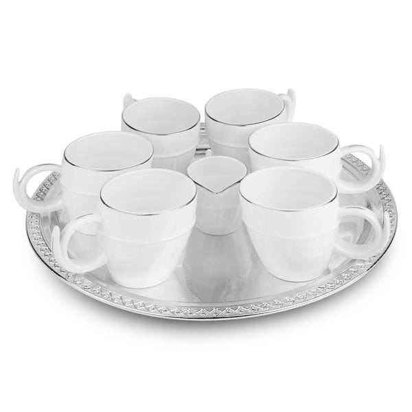 Round Silver Thal With 6 Tea Cups + 1 Milk Pot