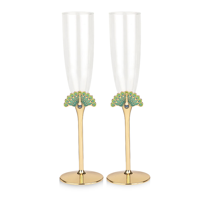 Peacock Champagne Glass- Set of 2- Gold