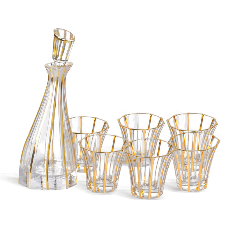 6 glasses with decanter - curvy with vertical lines- Gold