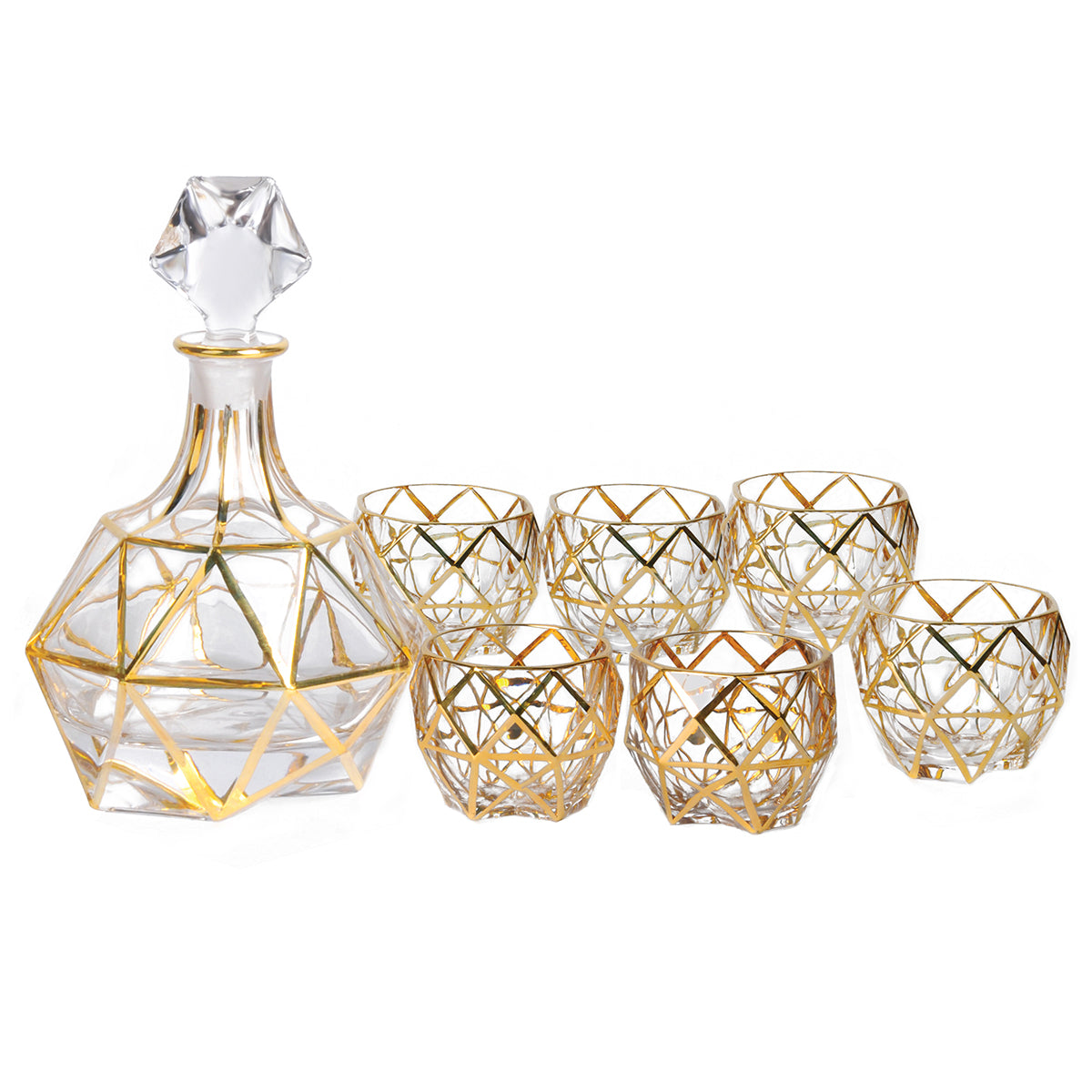 6Pcs Whisky Glasses Golden Triangles With Decanter