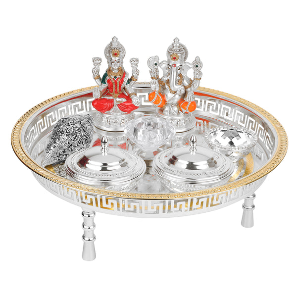 Luxury Puja Thali with Laxmi Ganesh two silver Bowl, Bowl, shank & diamond tea light