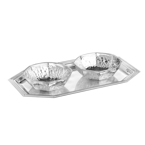 Octagon Tray & Two Hammered Bowl- Silver