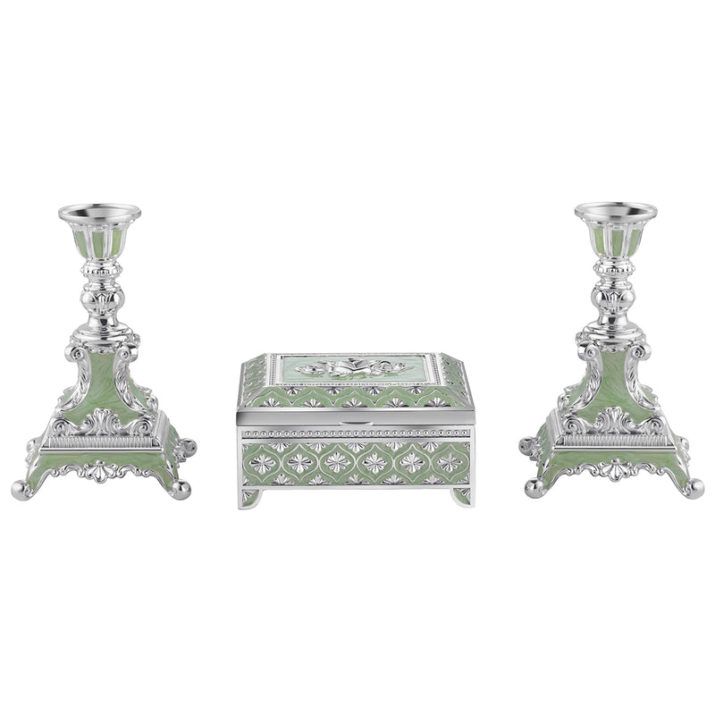 Set of 2 Candle Stand + Jewellery Box - Sea Green