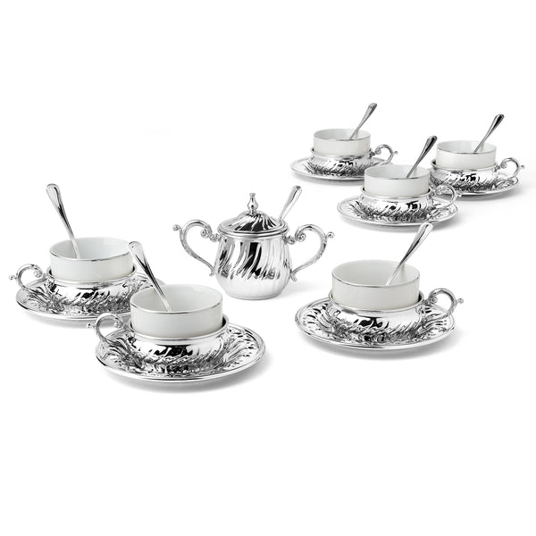 Set of 6 pcs cups and saucer with sugar pot - Silver