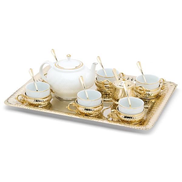 Set of 6 pcs Tea Set with Tea Pot (Golden) + Tray Gold
