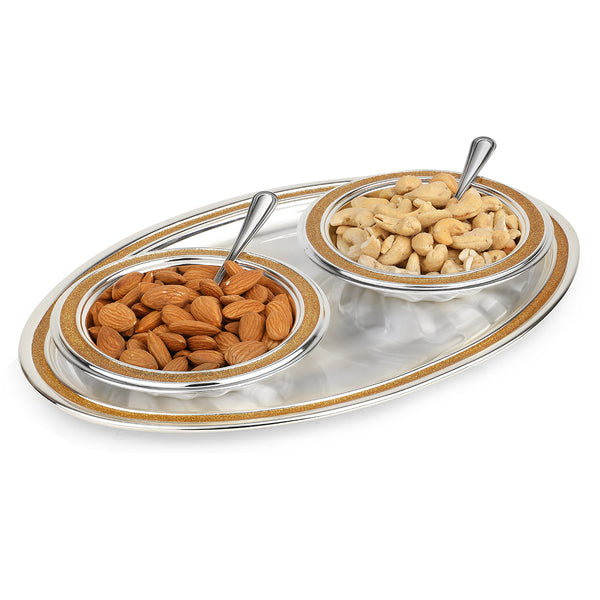 Oval Tray With 2 Bowl & Spoon - Dual Tone
