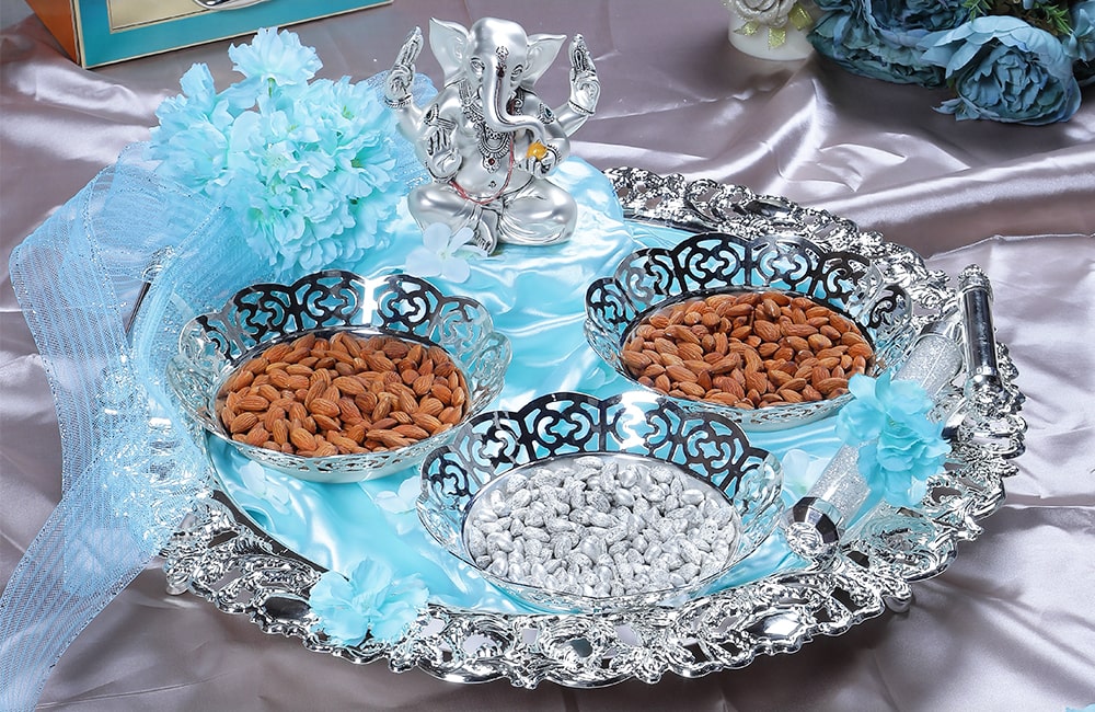 Elegant Silver Dry Fruit Tray with Ganesha Idol and Aqua Blue Accents