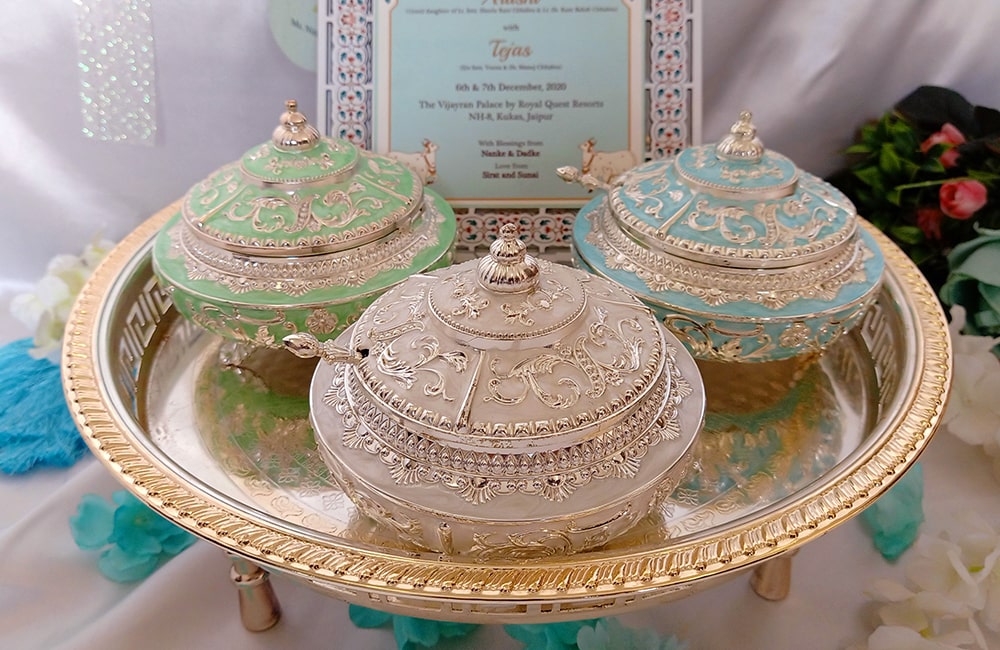 Elegant Royal Invitation Box with Ornate Silver & Enamel Jars