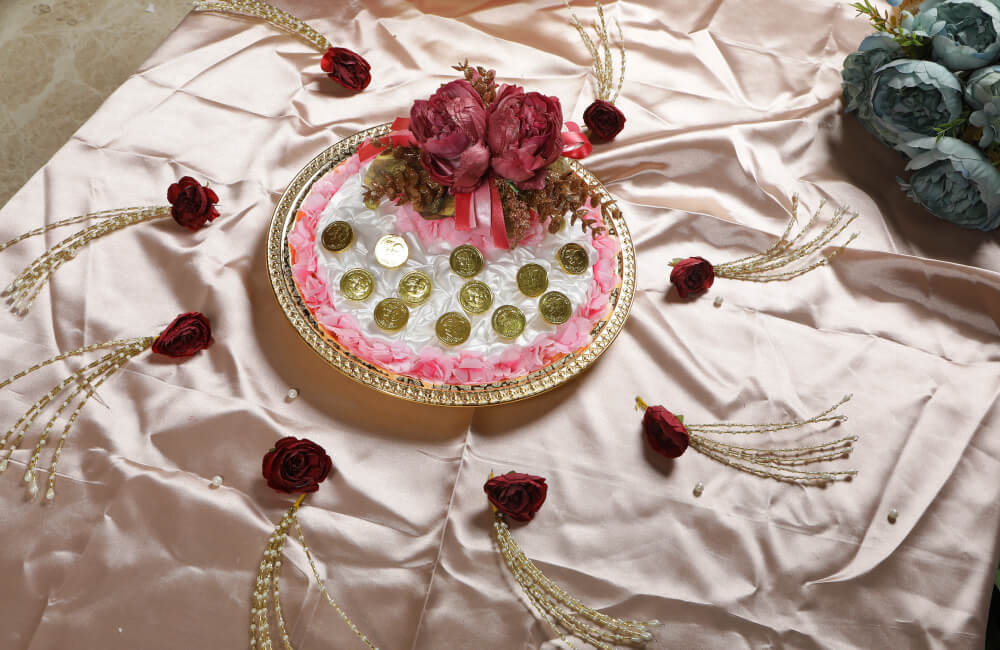 Decorative Coin Tray with Floral Accents for Wedding Rituals